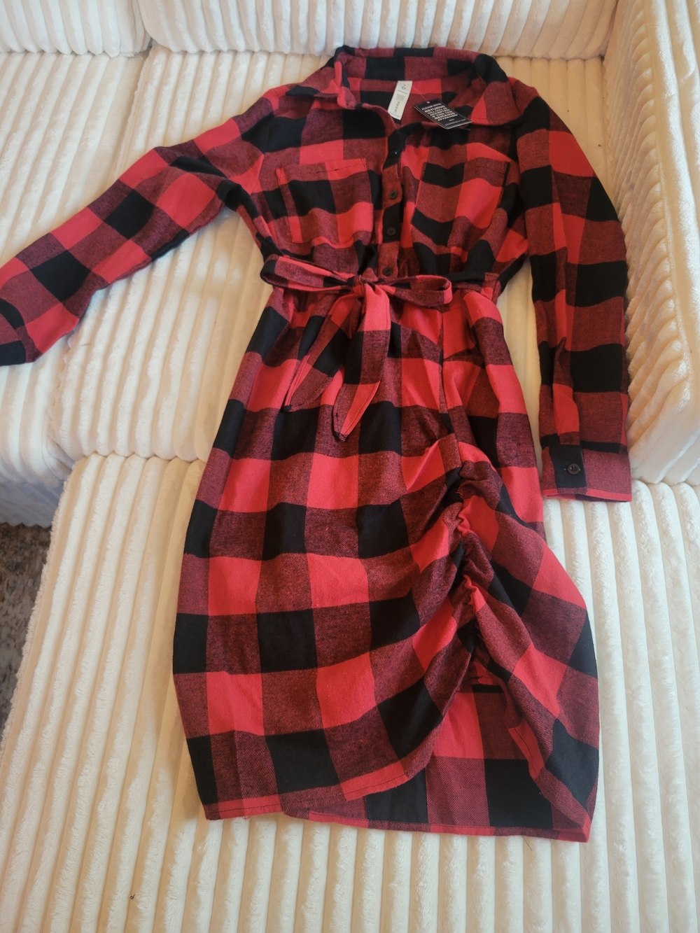 Red and Black Buffalo Plaid Shirt Dress with Tie Waist